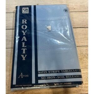 NOS Avon Royalty Satin Stripe Blue Tablecloth No Iron Soil Release 70" Round B6